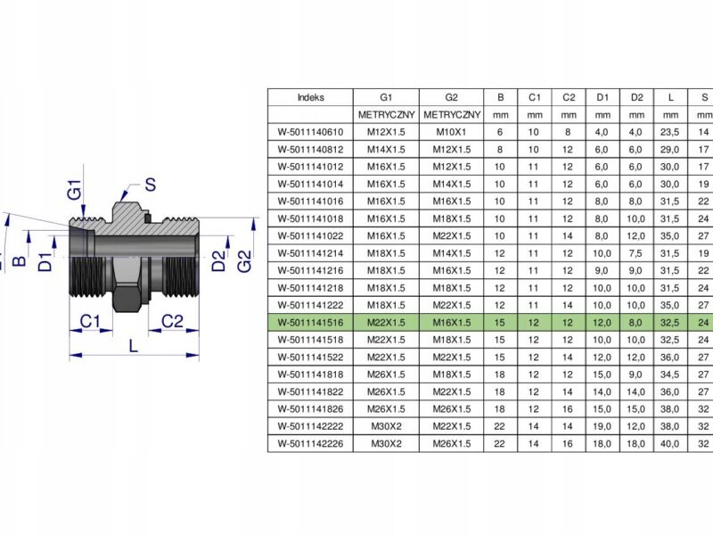 Przyłączka hydrauliczna metryczna BB (XGE) M22x1.5 15L x M16x1.5 ED Waryńsk