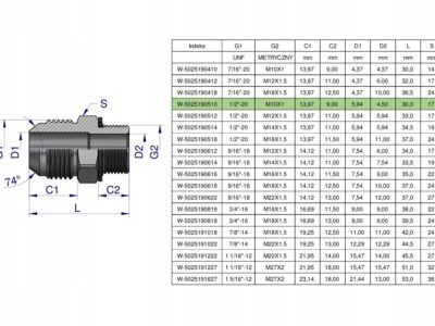 Przyłączka hydrauliczna BB 1/2"UNF (JIC) x M10x1 (XGE) Waryński ( sprzedawa