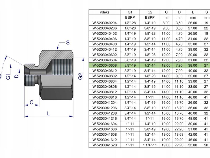 Tulejka różnicowa hydrauliczna calowa AB 3/8"GZ x 1/2"GW BSP Waryński ( spr