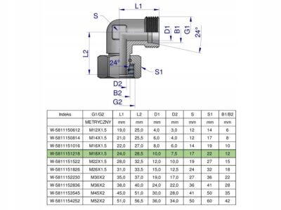 Kolanko hydrauliczne metryczne AB M18x1.5 12L (XEVW) Waryński ( sprzedawane