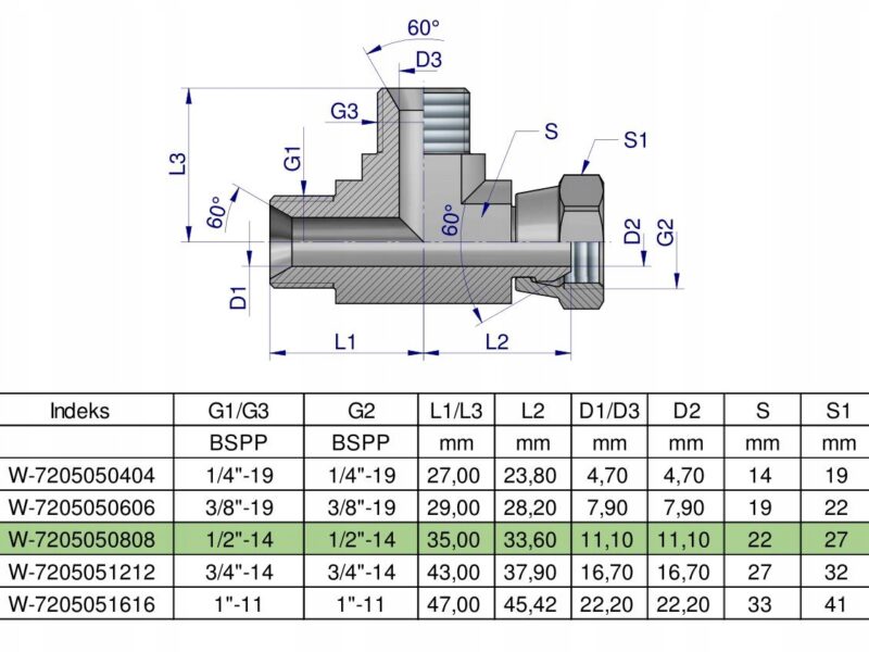 Trójnik hydrauliczny niesymetryczny calowy BBA 1/2" BSP (XEVL) Waryński