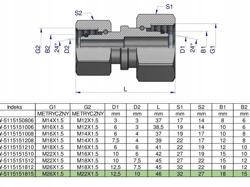 Złączka hydrauliczna metryczna AA M26x1.5 18L x M22x1.5 15L Waryński