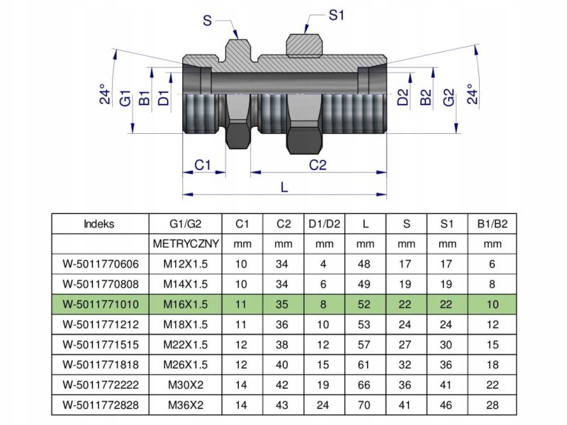 Złączka hydrauliczna metryczna grodziowa BB M16x1.5 10L z przeciwnakrętką (