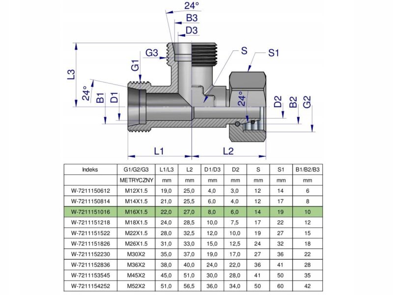 Trójnik hydrauliczny niesymetryczny metryczny BBA M16x1.5 10L (XEVL) Waryńs