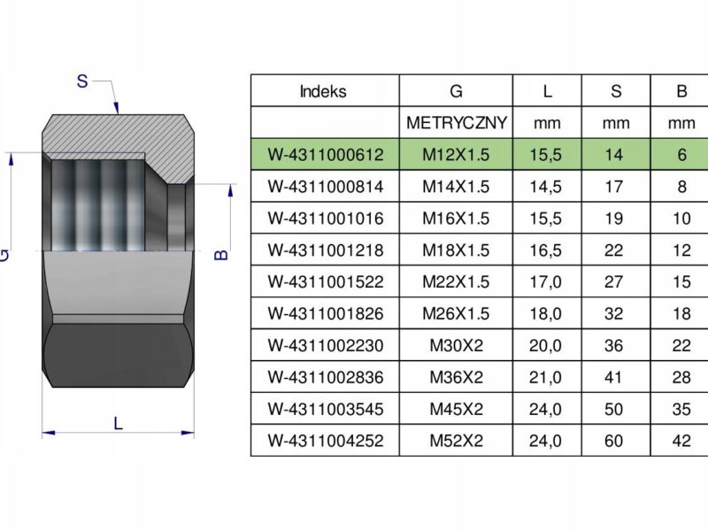 Nakrętka hydrauliczna metryczna (M06L) M12x1.5 06L Waryński ( sprzedawane p