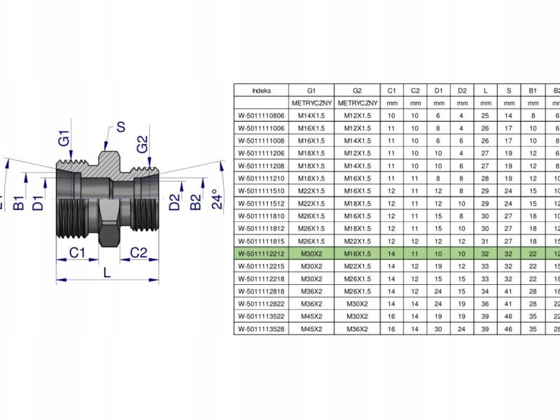 Złączka hydrauliczna redukcyjna metryczna BB M30x2 22L / M18x1.5 12L (XG) W