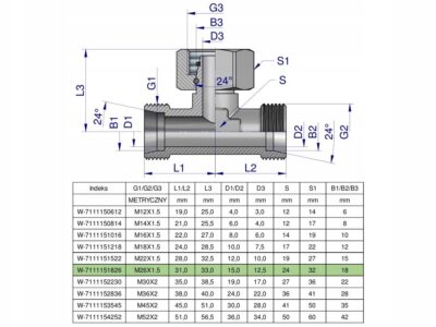 Trójnik hydrauliczny symetryczny metryczny BAB M26x1.5 18L (XEVT) Waryński