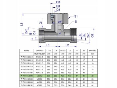 Trójnik hydrauliczny symetryczny metryczny BAB M30x2 22L (XEVT) Waryński