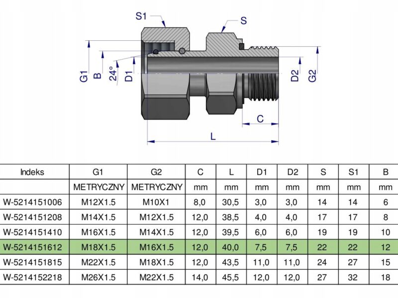 Przyłączka hydrauliczna metryczna AB (EVGE) M18x1.5 12L x M16x1.5 ED Waryńs