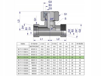 Trójnik hydrauliczny symetryczny metryczny BAB M18x1.5 12L (XEVT) Waryński