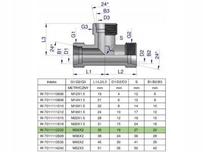 Trójnik hydrauliczny metryczny BBB M30x2 22L (XT) Waryński