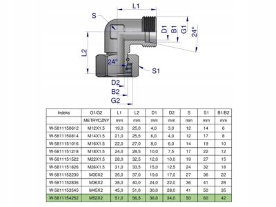 Kolanko hydrauliczne metryczne AB M52x2 42L (XEVW) Waryński