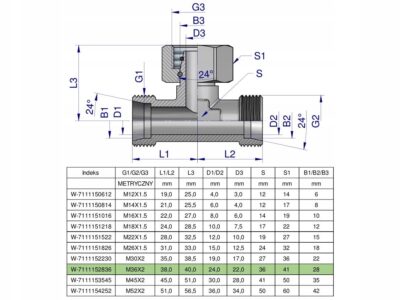 Trójnik hydrauliczny symetryczny metryczny BAB M36x2 28L (XEVT) Waryński