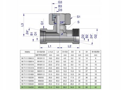 Trójnik hydrauliczny symetryczny metryczny BAB M52x2 42L (XEVT) Waryński