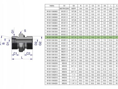 Przyłączka hydrauliczna BB (XGE) M16x1.5 10L x 1/2" BSP ED Waryński ( sprze