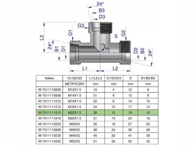 Trójnik hydrauliczny metryczny BBB M22x1.5 15L (XT) Waryński ( sprzedawane