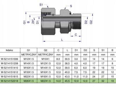 Przyłączka hydrauliczna metryczna AB (EVGE) M26x1.5 18L x M22x1.5 ED Waryńs