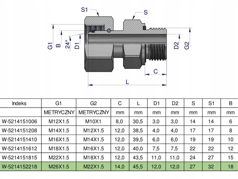 Przyłączka hydrauliczna metryczna AB (EVGE) M26x1.5 18L x M22x1.5 ED Waryńs