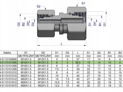 Złączka hydrauliczna metryczna AA M16x1.5 10L x M12x1.5 06L Waryński ( sprz