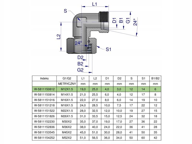 Kolanko hydrauliczne metryczne AB M12x1.5 06L (XEVW) Waryński ( sprzedawane