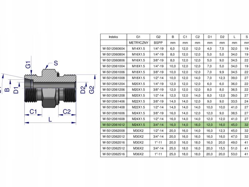 Przyłączka hydrauliczna (odmiana ciężka XGE) BB M24x1.5 16S x 3/4" BSP ED W