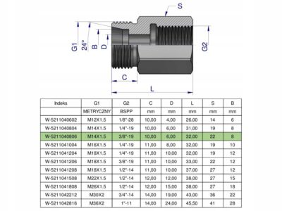 Tulejka różnicowa hydrauliczna AB M14x1.5 08L GZ x 3/8" BSP GW Waryński ( s