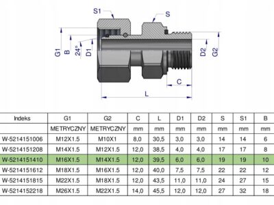 Przyłączka hydrauliczna metryczna AB (EVGE) M16x1.5 10L x M14x1.5 ED Waryńs