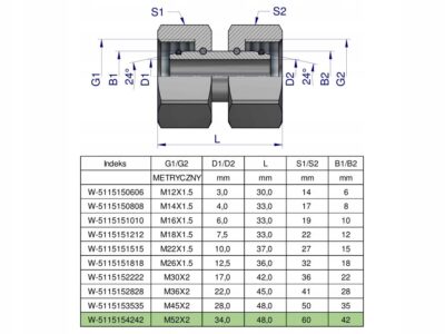 Złączka hydrauliczna metryczna AA M52x2 42L Waryński