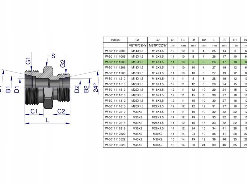 Złączka hydrauliczna redukcyjna metryczna BB M16x1.5 10L / M14x1.5 08L (XG)