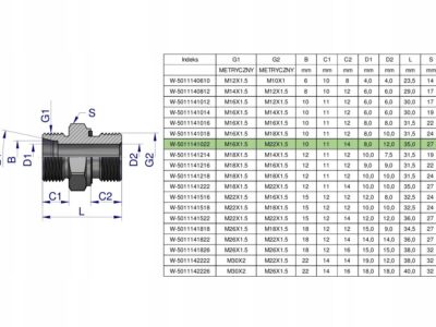 Przyłączka hydrauliczna metryczna BB (XGE) M16x1.5 10L x M22x1.5 ED Waryńsk