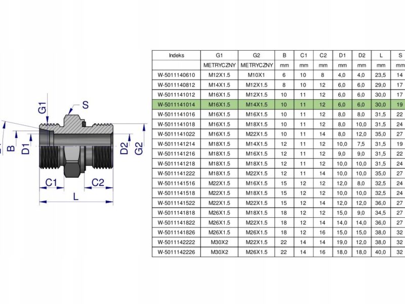 Przyłączka hydrauliczna metryczna BB (XGE) M16x1.5 10L x M14x1.5 ED Waryńsk