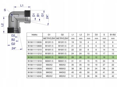 Kolanko hydrauliczne metryczne BB M22x1.5 15L (XW) Waryński ( sprzedawane p