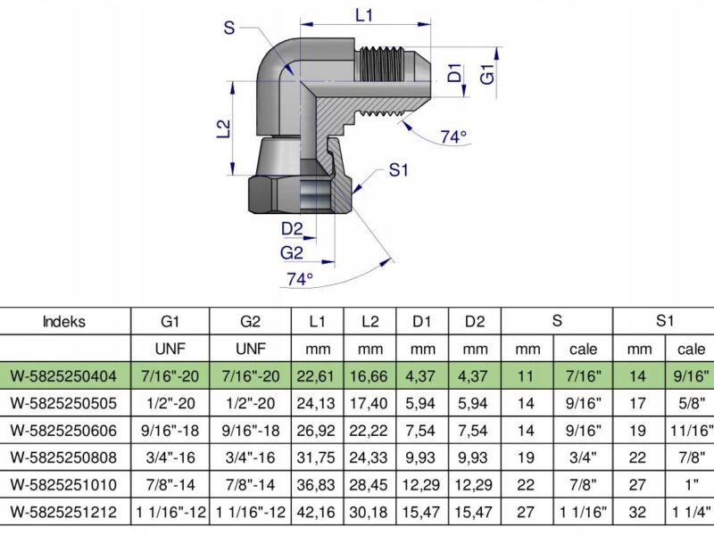 Kolanko hydrauliczne calowe AB 7/16" UNF (JIC) Waryński