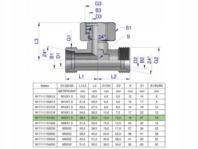 Trójnik hydrauliczny symetryczny metryczny BAB M22x1.5 15L (XEVT) Waryński