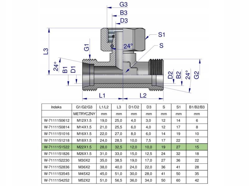 Trójnik hydrauliczny symetryczny metryczny BAB M22x1.5 15L (XEVT) Waryński