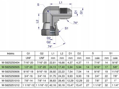 Kolanko hydrauliczne calowe AB 1/2" UNF (JIC) Waryński