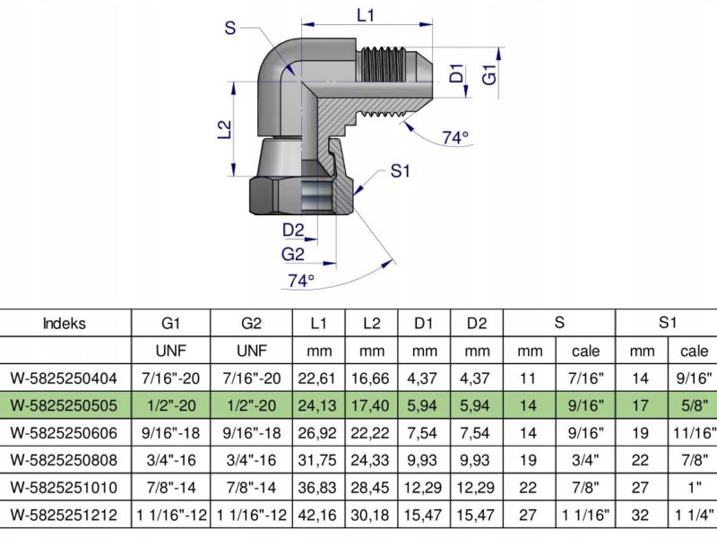 Kolanko hydrauliczne calowe AB 1/2" UNF (JIC) Waryński