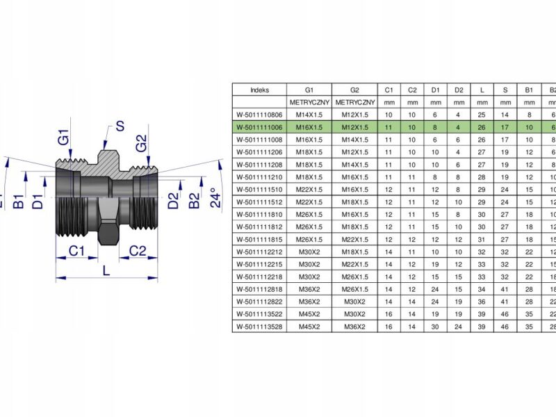 Złączka hydrauliczna redukcyjna metryczna BB M16x1.5 10L / M12x1.5 06L (XG)