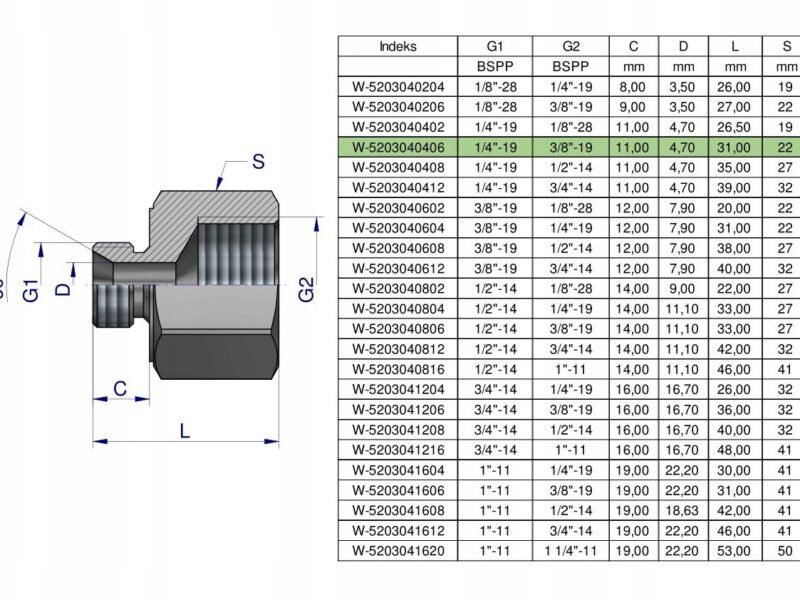 Tulejka różnicowa hydrauliczna calowa AB 1/4"GZ x 3/8"GW BSP Waryński ( spr