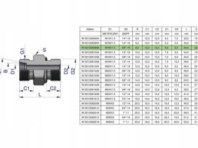 Przyłączka hydrauliczna (odmiana ciężka XGE) BB M16x1.5 08S x 3/8" BSP ED W