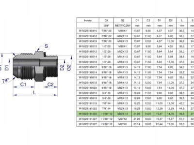 Przyłączka hydrauliczna BB 1 1/16"UNF (JIC) x M22x1.5 (XGE) Waryński ( sprz