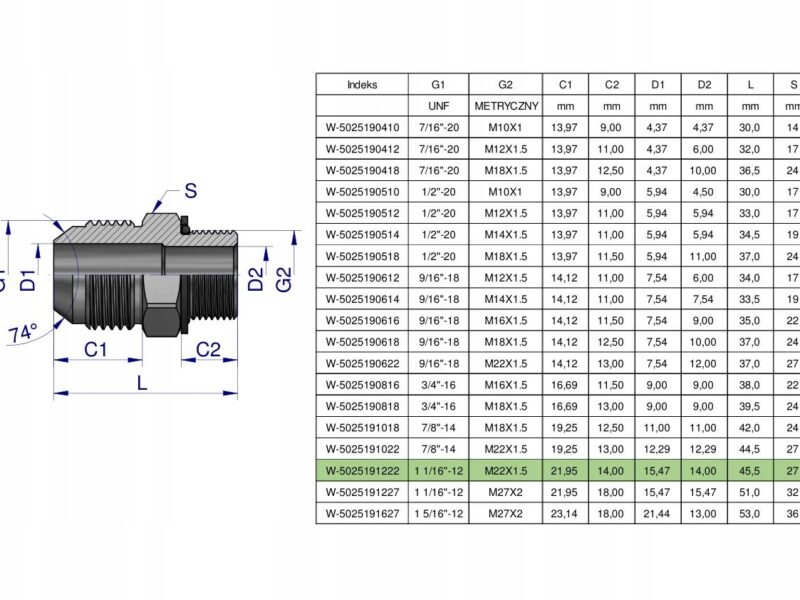 Przyłączka hydrauliczna BB 1 1/16"UNF (JIC) x M22x1.5 (XGE) Waryński ( sprz