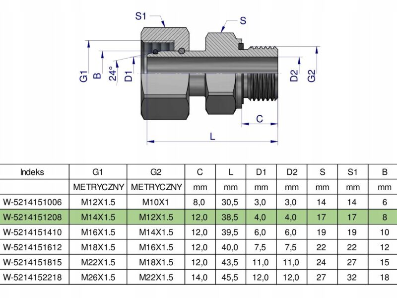 Przyłączka hydrauliczna metryczna AB (EVGE) M14x1.5 08L x M12x1.5 ED Waryńs