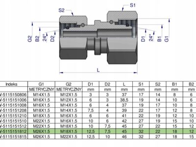 Złączka hydrauliczna metryczna AA M26x1.5 18L x M18x1.5 12L Waryński