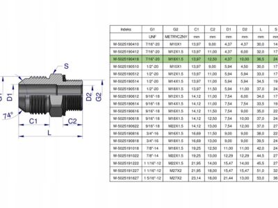 Przyłączka hydrauliczna BB 7/16"UNF (JIC) x M18x1.5 (XGE) Waryński ( sprzed