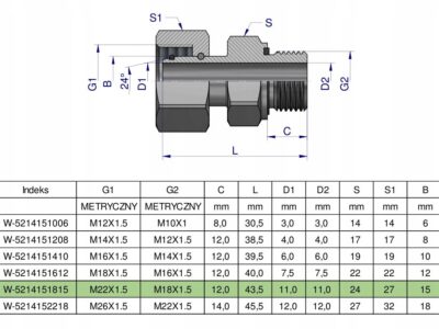 Przyłączka hydrauliczna metryczna AB (EVGE) M22x1.5 15L x M18x1.5 ED Waryńs