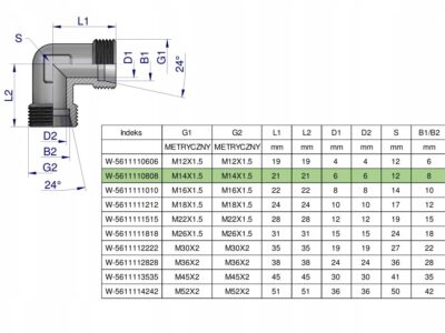 Kolanko hydrauliczne metryczne BB M14x1.5 08L (XW) Waryński ( sprzedawane p
