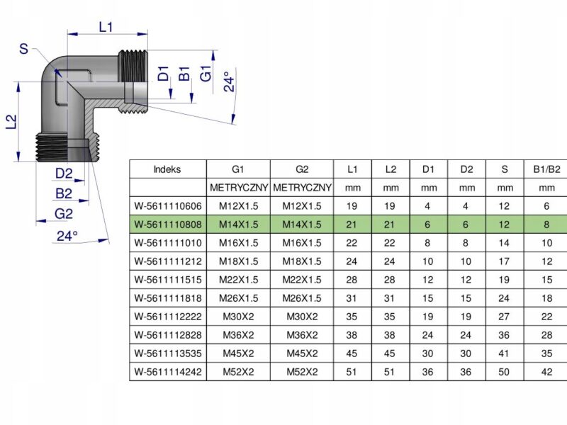 Kolanko hydrauliczne metryczne BB M14x1.5 08L (XW) Waryński ( sprzedawane p
