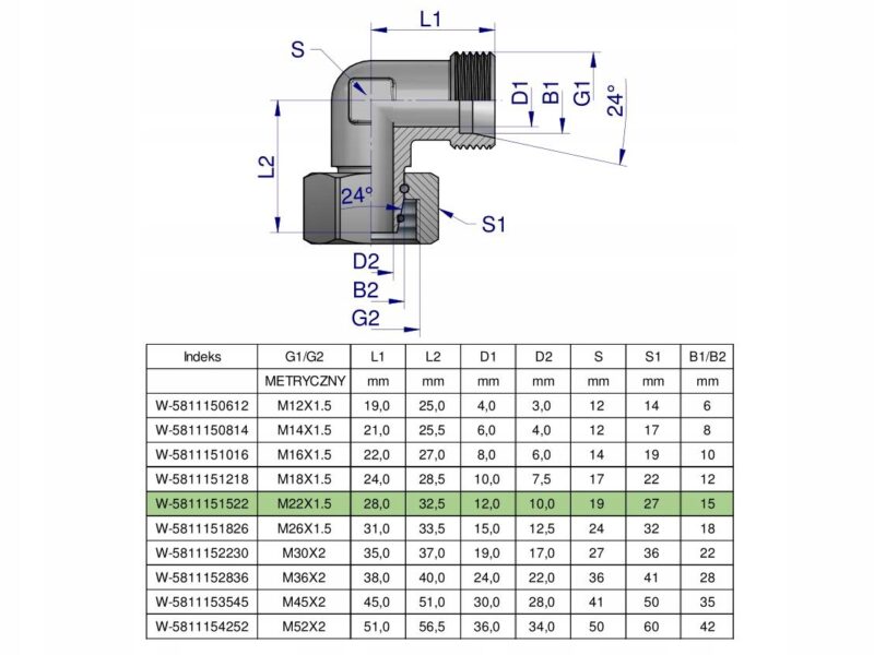 Kolanko hydrauliczne metryczne AB M22x1.5 15L (XEVW) Waryński ( sprzedawane