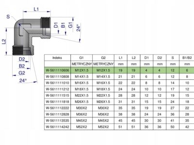 Kolanko hydrauliczne metryczne BB M12x1.5 06L (XW) Waryński ( sprzedawane p